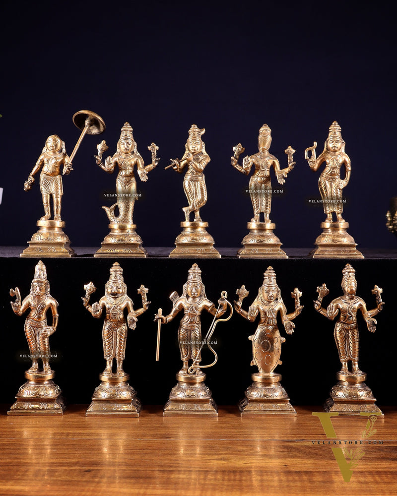 Pure Brass Vishnu Dashavatar Idol Set – Traditional, 6" Matte tone