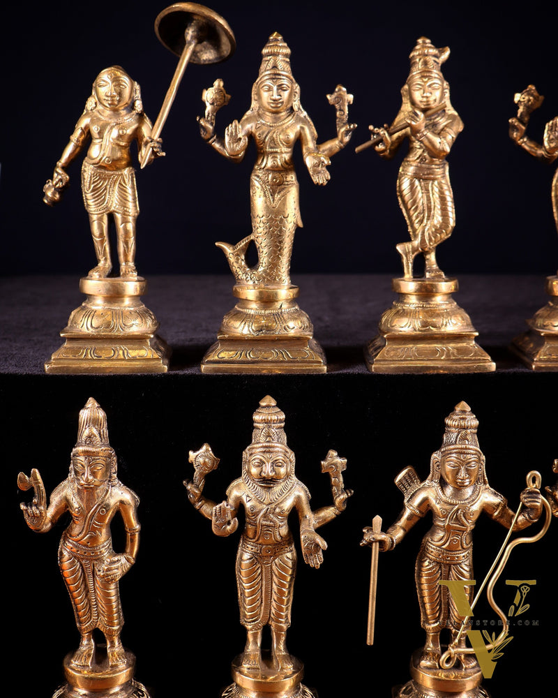 Pure Brass Vishnu Dashavatar Idol Set – Traditional, 6" Matte tone
