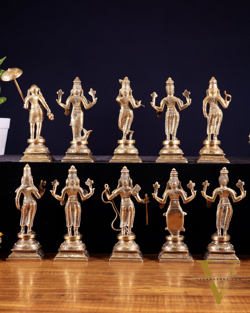 Pure Brass Vishnu Dashavatar Idol Set – Traditional, 6" Matte tone