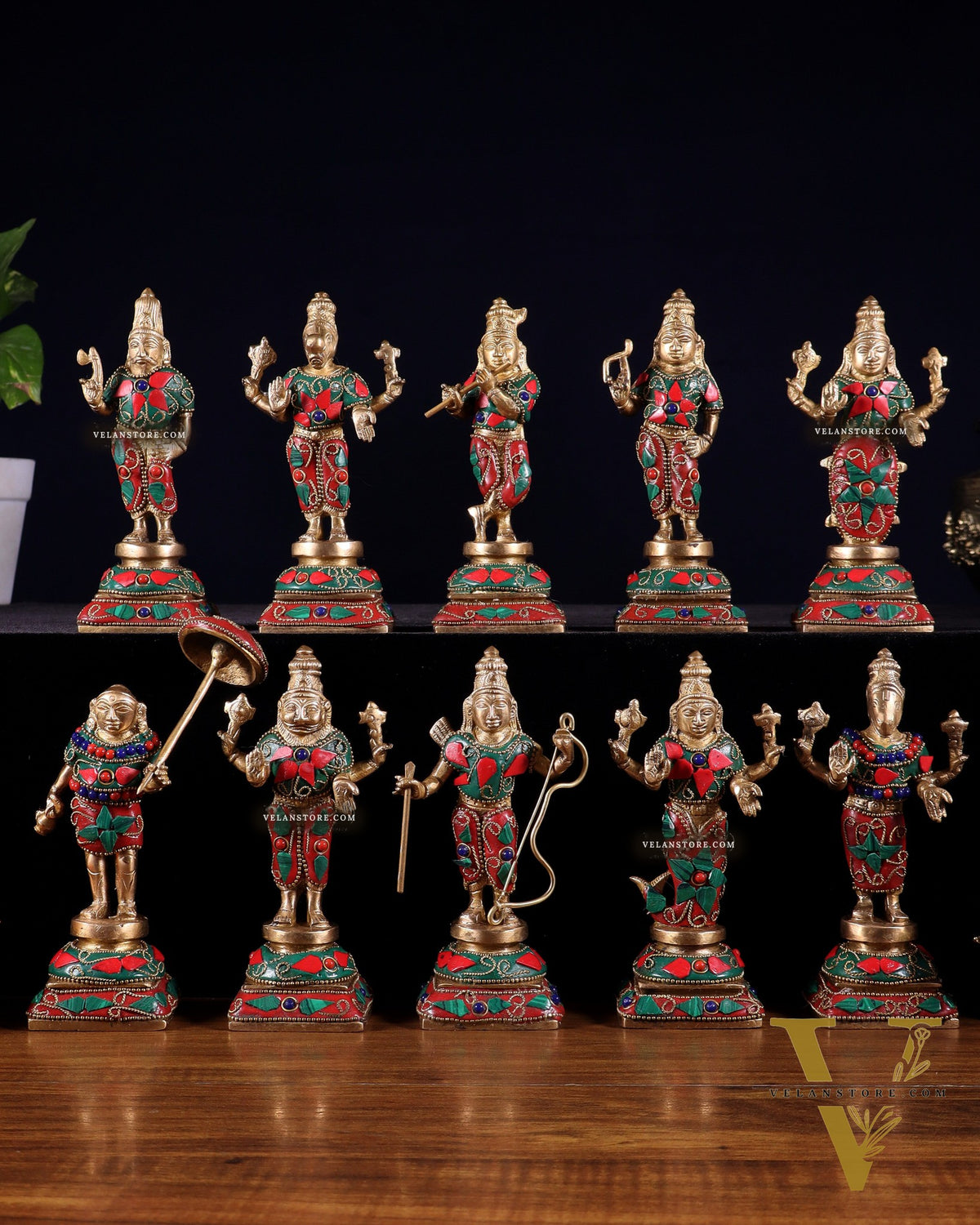 Pure Brass Vishnu Dashavatar Idol Set – Traditional, 6" stonework