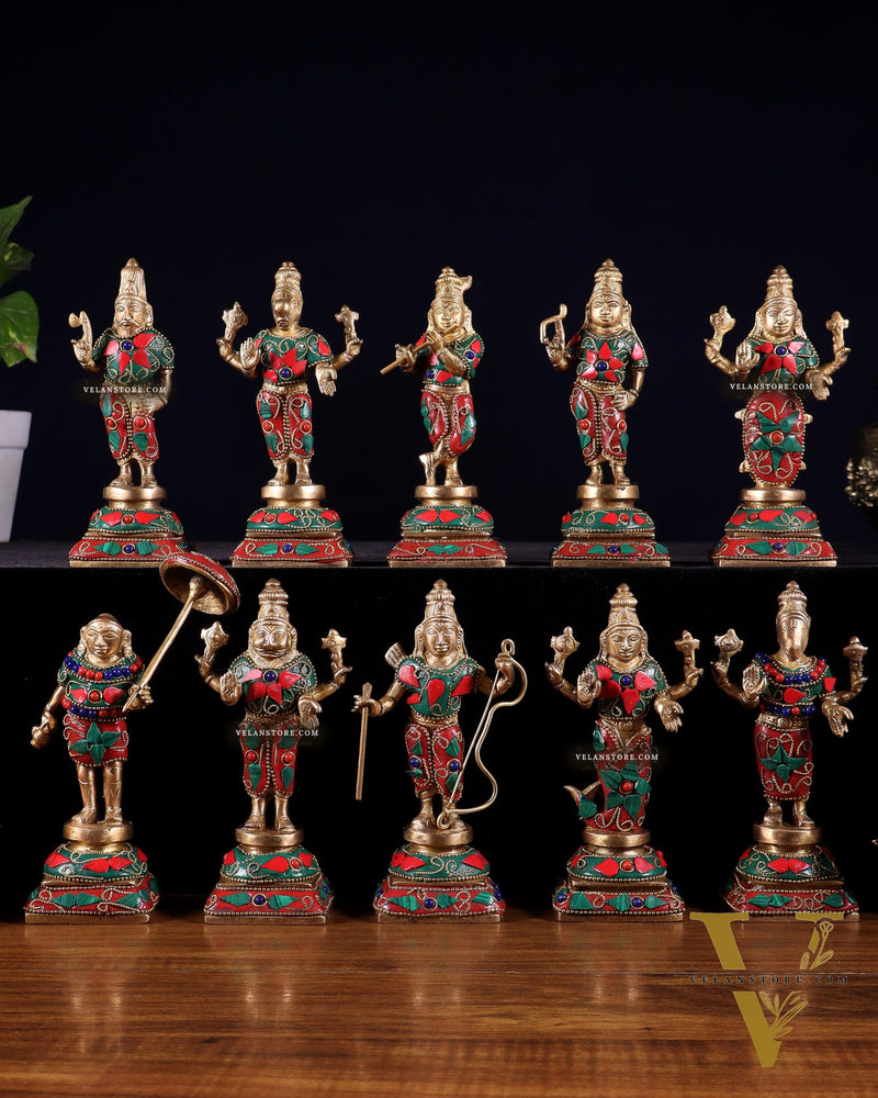 Pure Brass Vishnu Dashavatar Idol Set – Traditional, 6" stonework