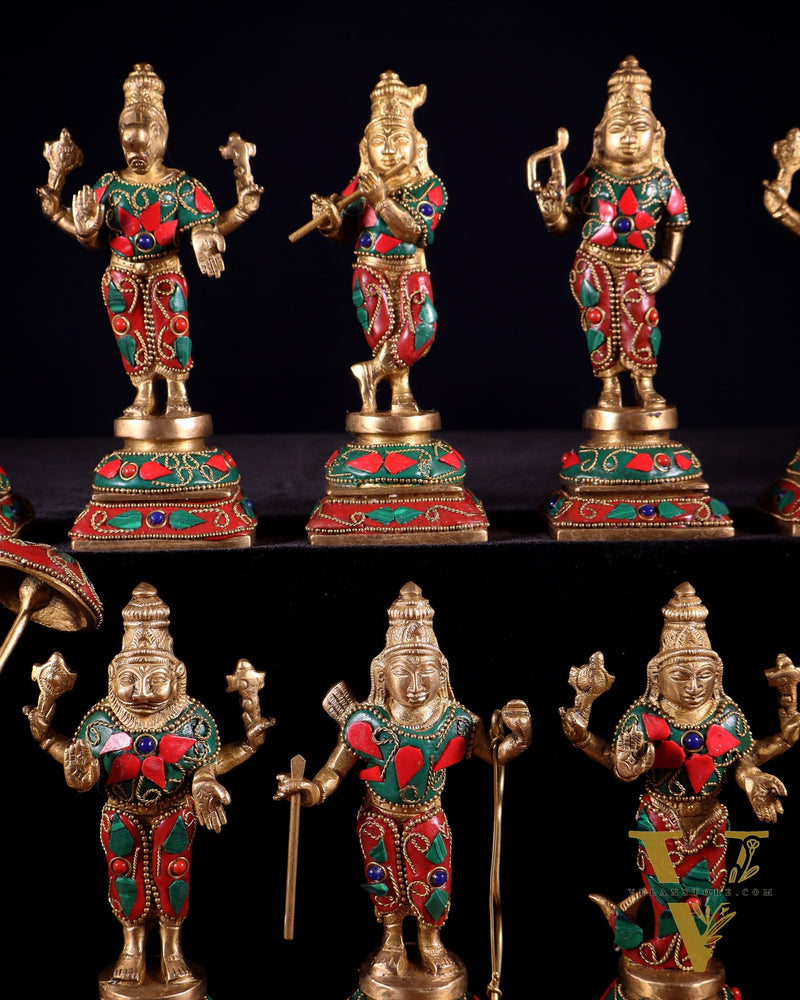 Pure Brass Vishnu Dashavatar Idol Set – Traditional, 6" stonework