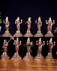 Pure Brass Vishnu Dashavatar Idol Set – Traditional, 6" stonework