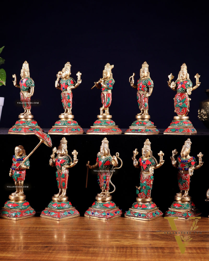 Pure Brass Vishnu Dashavatar Idol Set – Traditional, 6" stonework