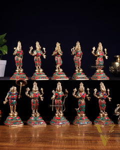 Pure Brass Vishnu Dashavatar Idol Set – Traditional, 6" stonework