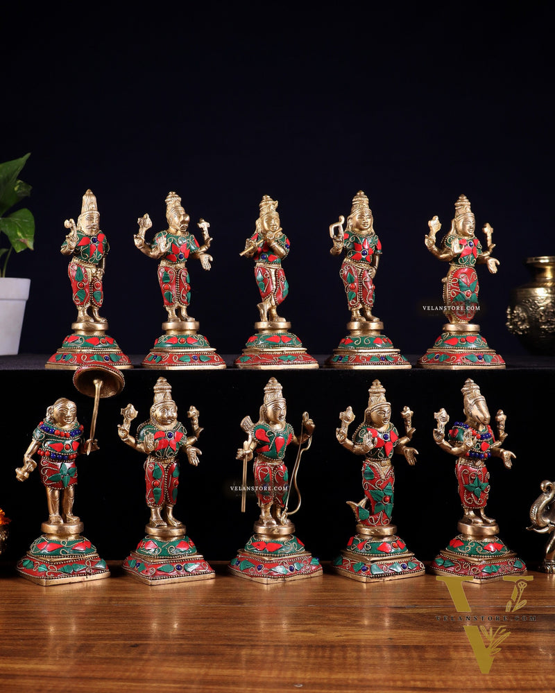 Pure Brass Vishnu Dashavatar Idol Set – Traditional, 6" stonework