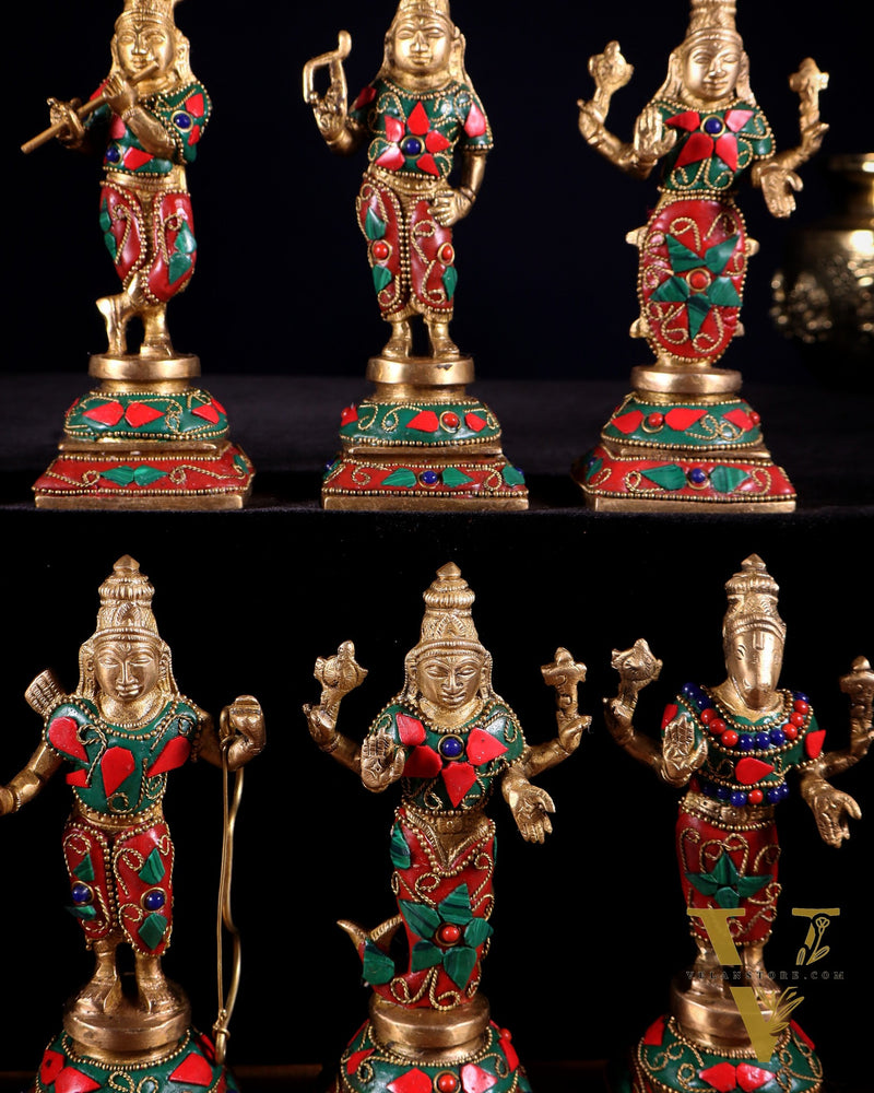 Pure Brass Vishnu Dashavatar Idol Set – Traditional, 6" stonework