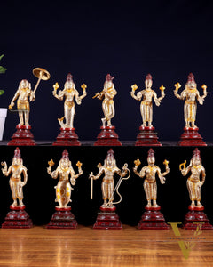 Pure Brass Vishnu Dashavatar Idol Set – Traditional, 6" three tone