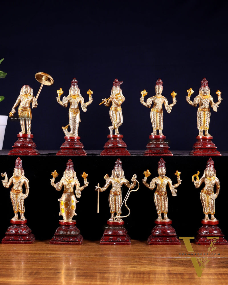 Pure Brass Vishnu Dashavatar Idol Set – Traditional, 6" three tone