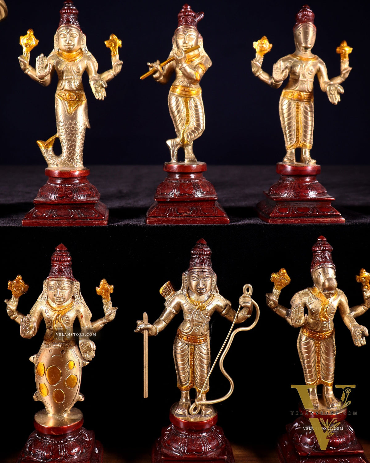 Pure Brass Vishnu Dashavatar Idol Set – Traditional, 6" three tone