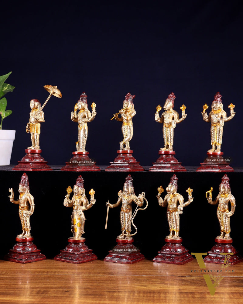 Pure Brass Vishnu Dashavatar Idol Set – Traditional, 6" three tone