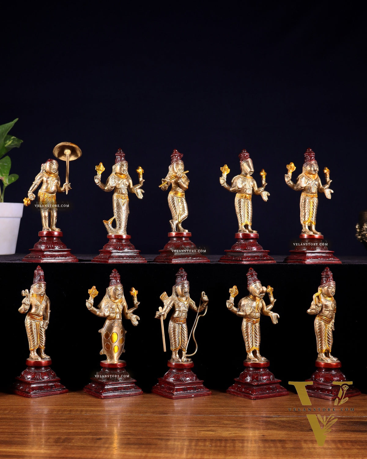 Pure Brass Vishnu Dashavatar Idol Set – Traditional, 6" three tone