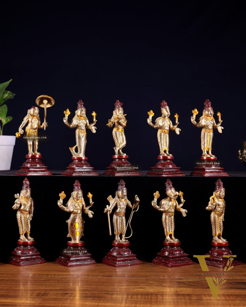 Pure Brass Vishnu Dashavatar Idol Set – Traditional, 6" three tone