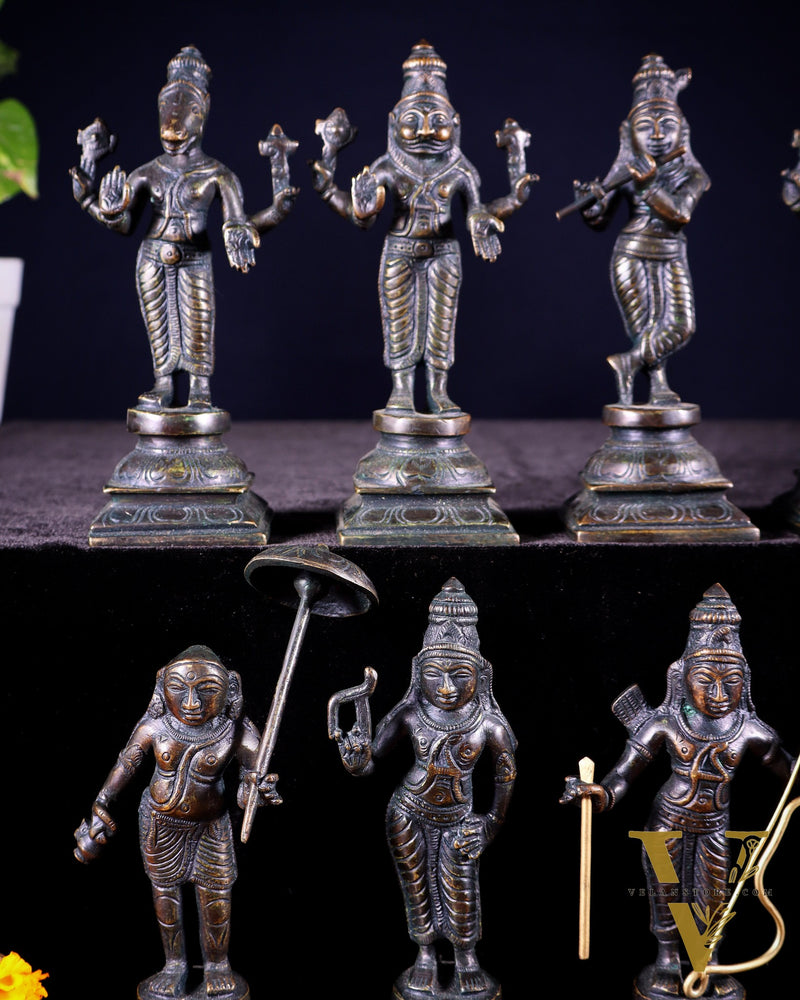 Pure Brass Vishnu Dashavatar Idol Set – Traditional, 6" vintage bronze tone