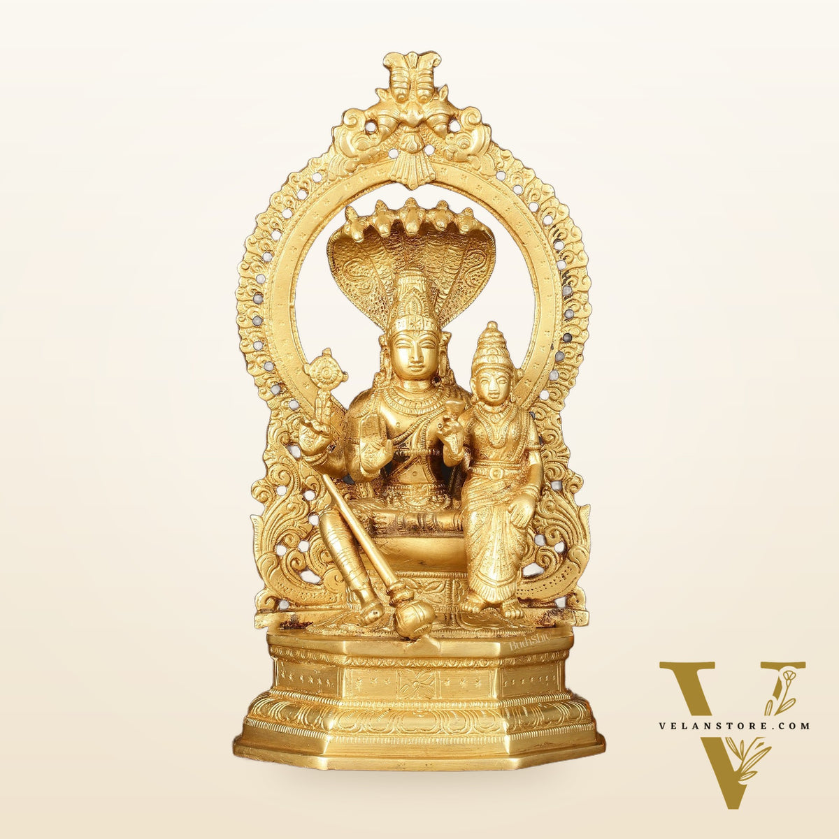 Pure Brass Vishnu Lakshmi Idol Seated on a throne with Sheshanaaga - 10" Divine Sculpture