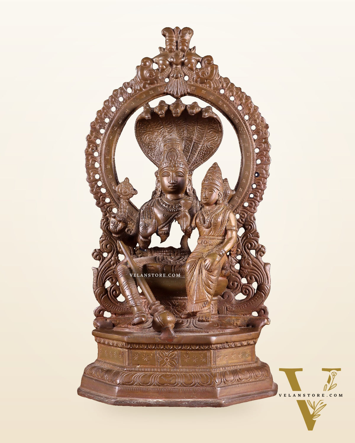 Pure Brass Vishnu Lakshmi Idol Seated on Sheshanaaga - 10" copper tone