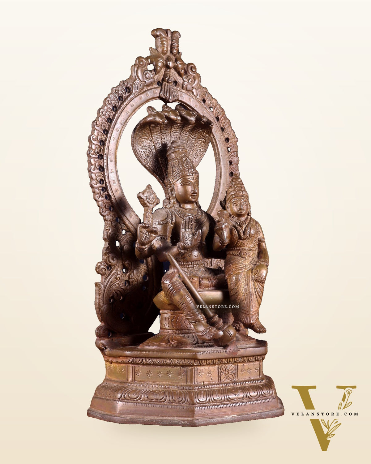 Pure Brass Vishnu Lakshmi Idol Seated on Sheshanaaga - 10" copper tone