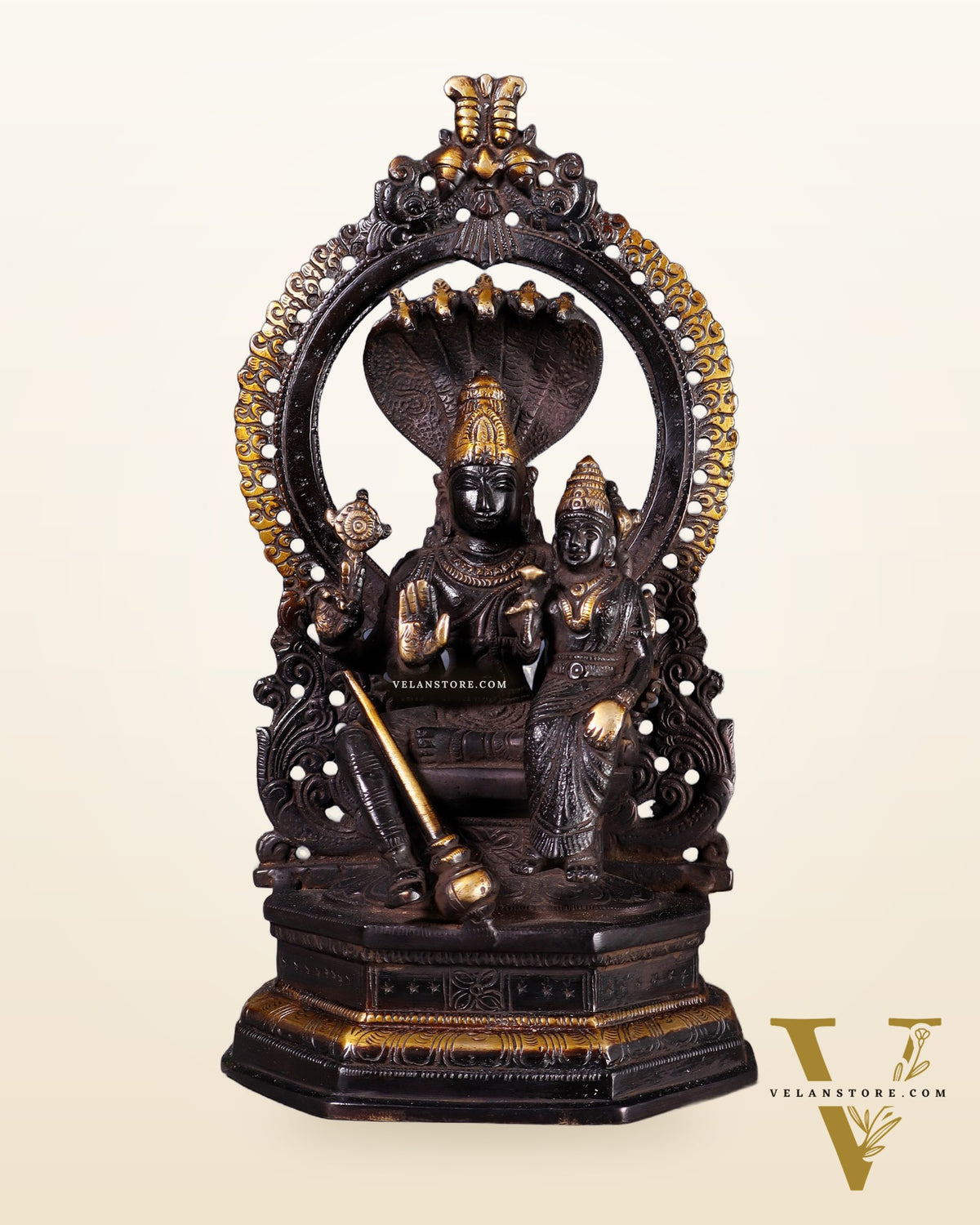Pure Brass Vishnu Lakshmi Idol Seated with Sheshanaaga - 10" Divine Black and gold