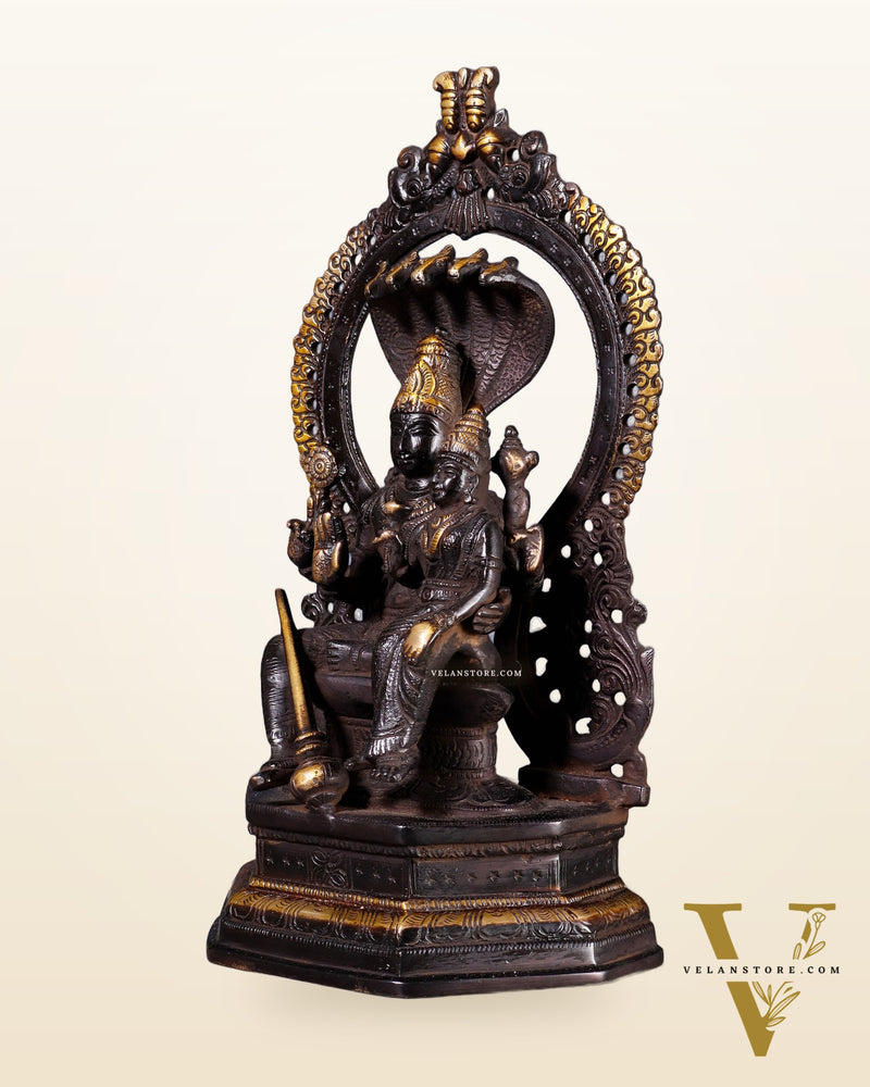 Pure Brass Vishnu Lakshmi Idol Seated with Sheshanaaga - 10" Divine Black and gold