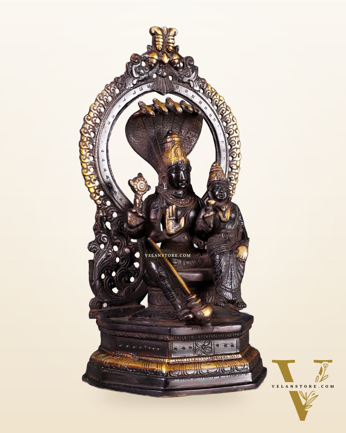 Pure Brass Vishnu Lakshmi Idol Seated with Sheshanaaga - 10" Divine Black and gold