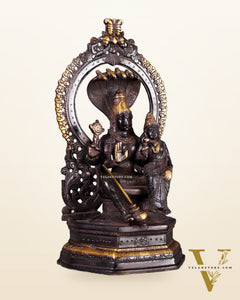 Pure Brass Vishnu Lakshmi Idol Seated with Sheshanaaga - 10" Divine Black and gold