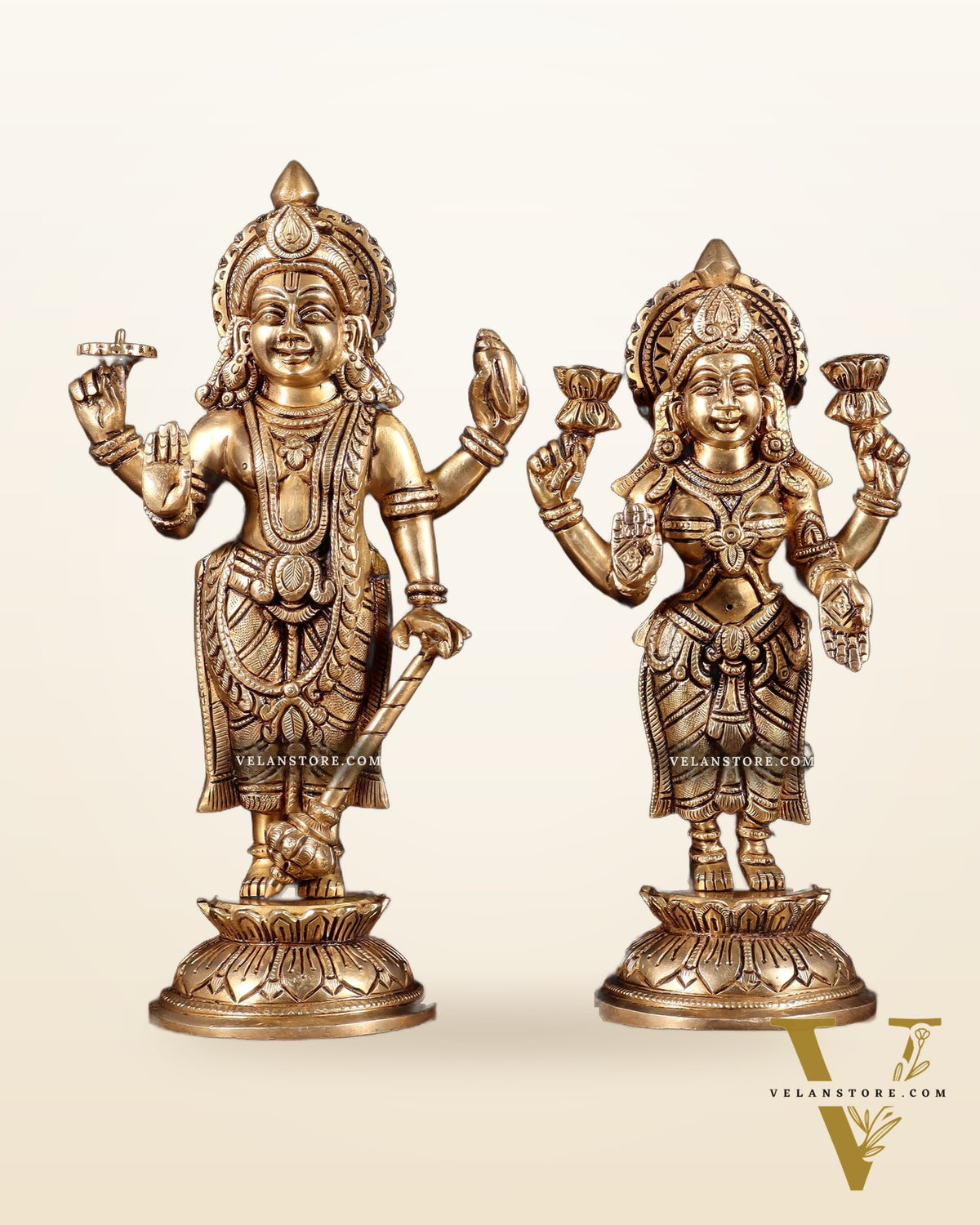 Pure Brass Vishnu Lakshmi Idols Pair – Lakshmi Narayan Murti Set |11"