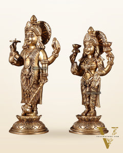 Pure Brass Vishnu Lakshmi Idols Pair – Lakshmi Narayan Murti Set |11"