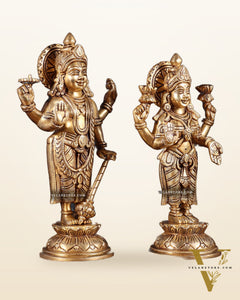 Pure Brass Vishnu Lakshmi Idols Pair – Lakshmi Narayan Murti Set |11"