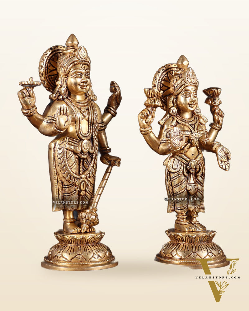 Pure Brass Vishnu Lakshmi Idols Pair – Lakshmi Narayan Murti Set |11"