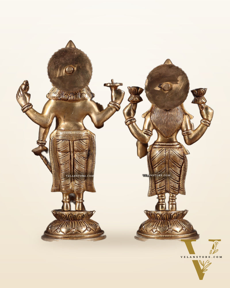 Pure Brass Vishnu Lakshmi Idols Pair – Lakshmi Narayan Murti Set |11"