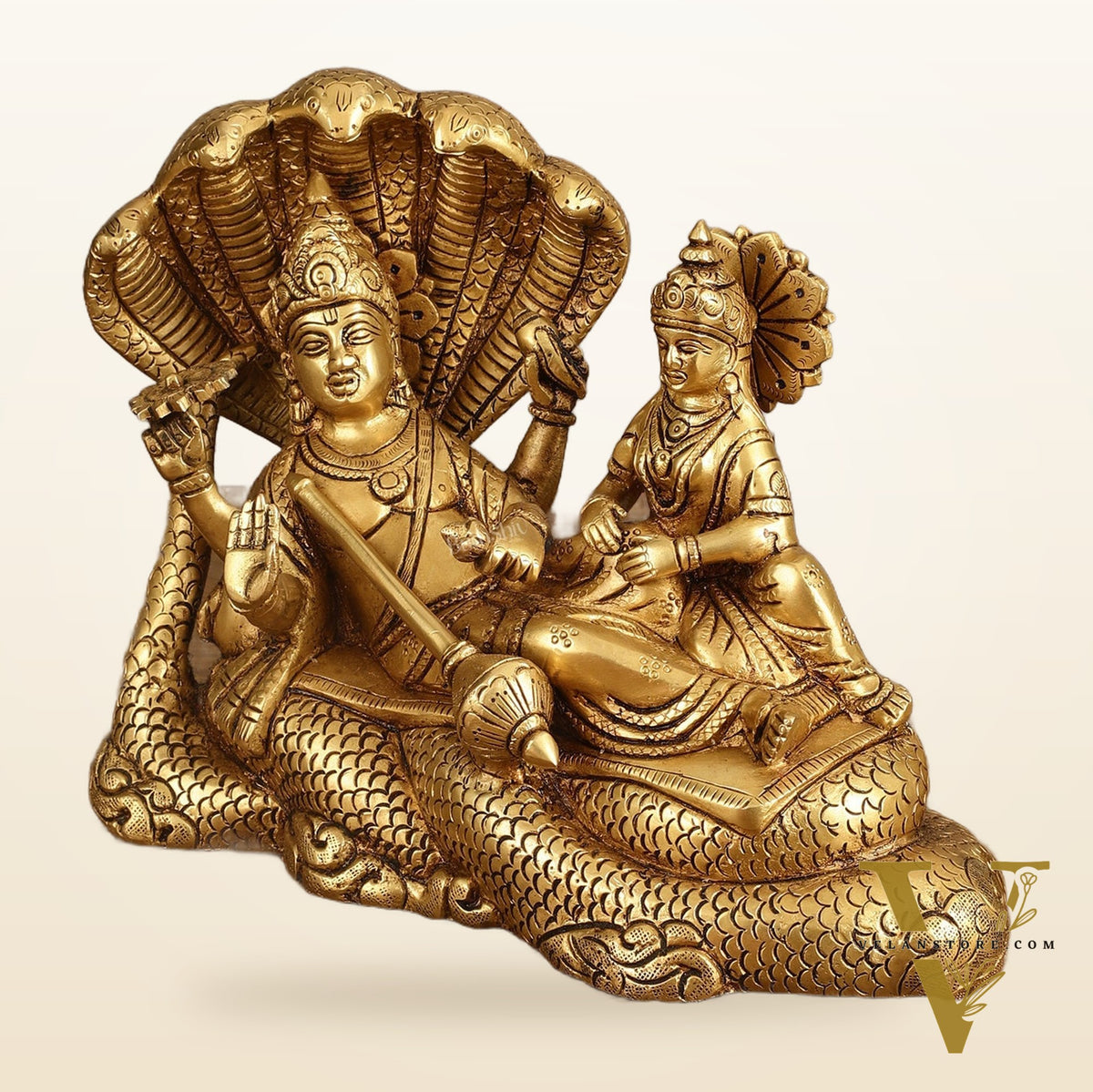 Pure Brass Vishnu Lakshmi Narayan Resting on Sheshanaaga Idol - 7 Inch