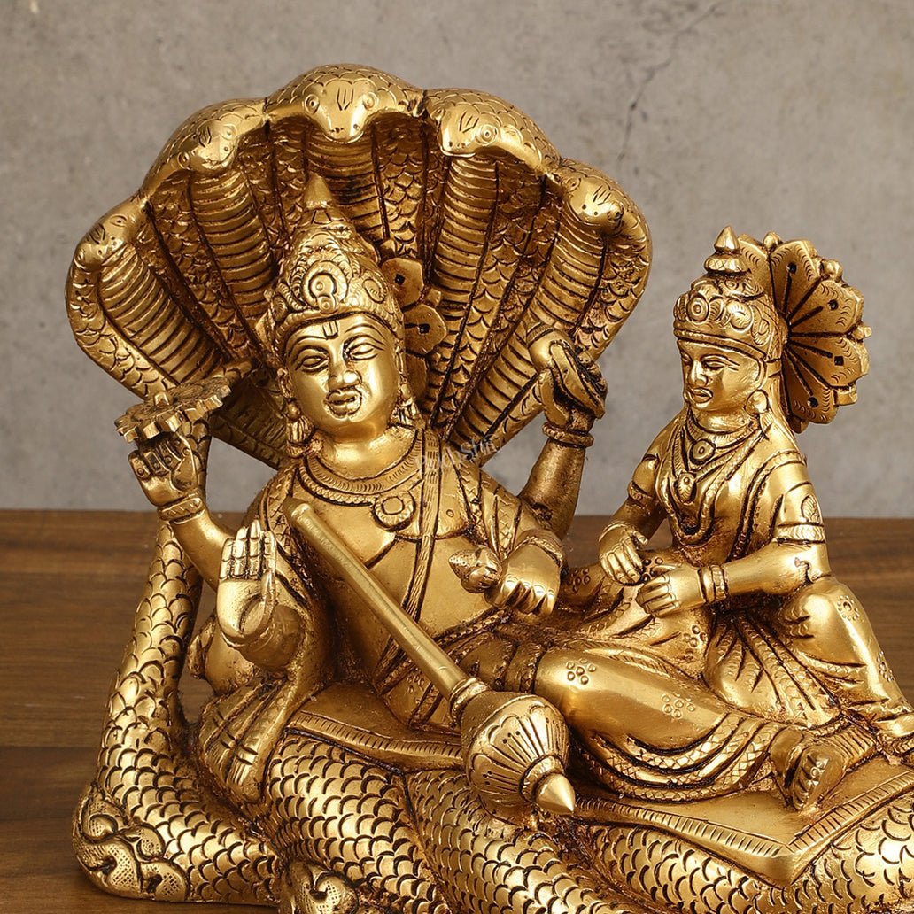 Pure Brass Vishnu Lakshmi Narayan Resting on Sheshanaaga Idol - 7 Inch