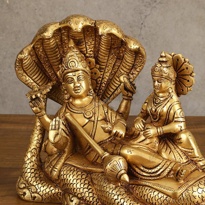 Pure Brass Vishnu Lakshmi Narayan Resting on Sheshanaaga Idol - 7 Inch