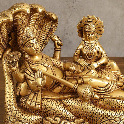 Pure Brass Vishnu Lakshmi Narayan Resting on Sheshanaaga Idol - 7 Inch