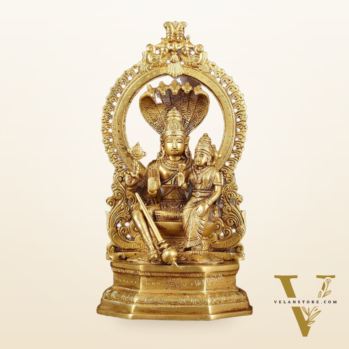 Pure Brass Vishnu Lakshmi Seated on Sheshanaaga Idol 10 inch