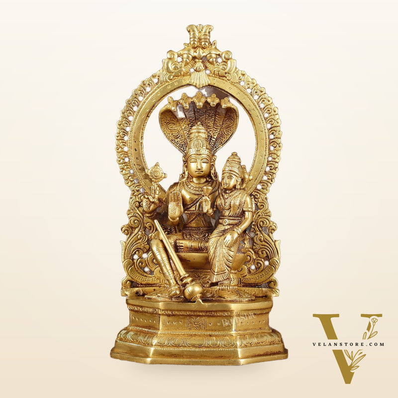 Pure Brass Vishnu Lakshmi Seated on Sheshanaaga Idol 10 inch