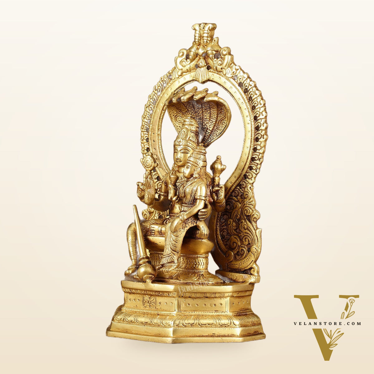 Pure Brass Vishnu Lakshmi Seated on Sheshanaaga Idol 10 inch