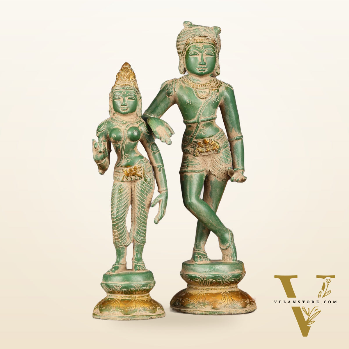 Pure Brass Vrishabhavahanamurti Shiva and Goddess Uma Parvati Statue Pair - Green Antique Patina Finish