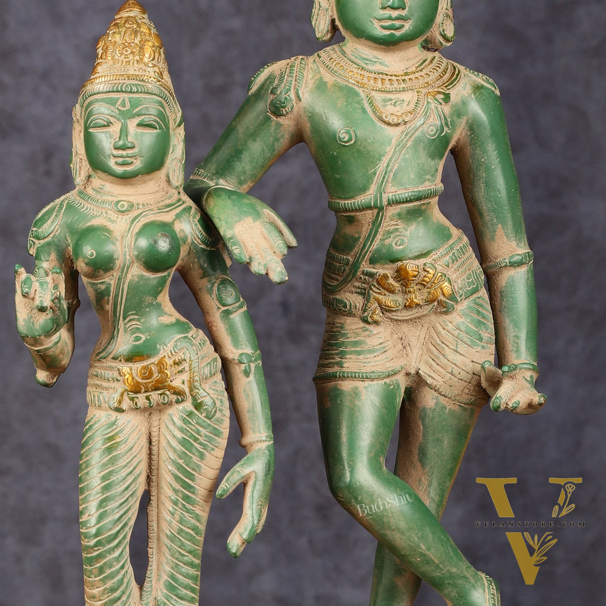 Pure Brass Vrishabhavahanamurti Shiva and Goddess Uma Parvati Statue Pair - Green Antique Patina Finish