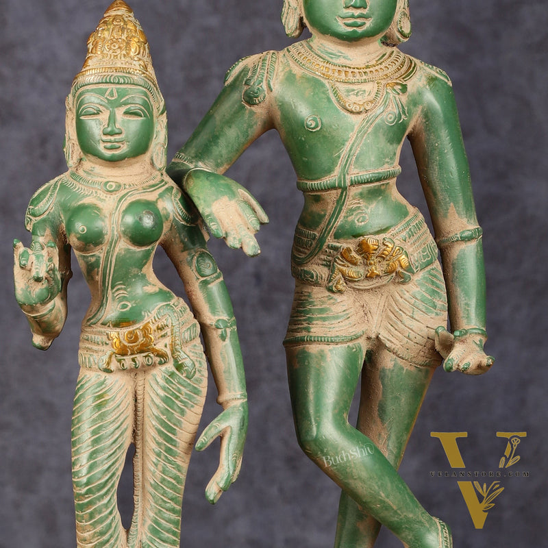 Pure Brass Vrishabhavahanamurti Shiva and Goddess Uma Parvati Statue Pair - Green Antique Patina Finish
