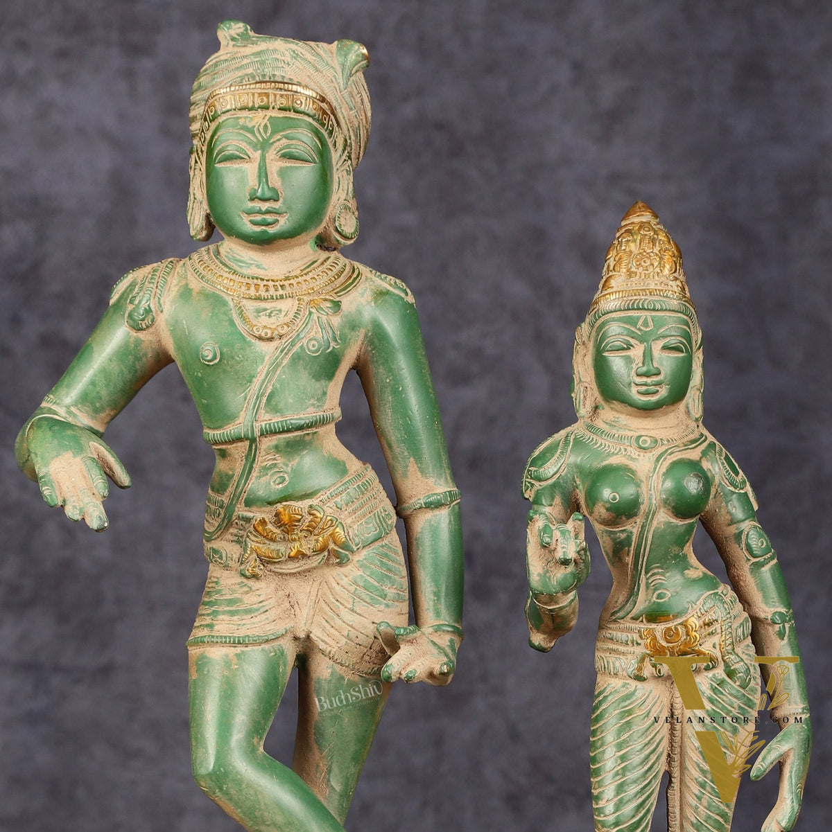 Pure Brass Vrishabhavahanamurti Shiva and Goddess Uma Parvati Statue Pair - Green Antique Patina Finish