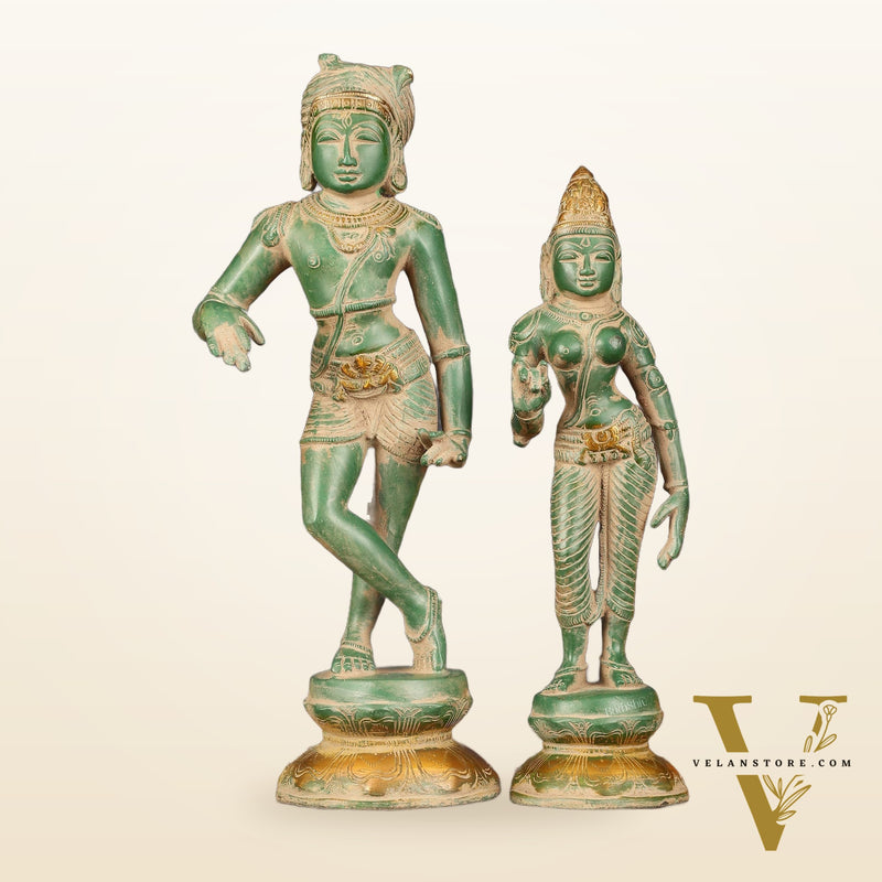 Pure Brass Vrishabhavahanamurti Shiva and Goddess Uma Parvati Statue Pair - Green Antique Patina Finish