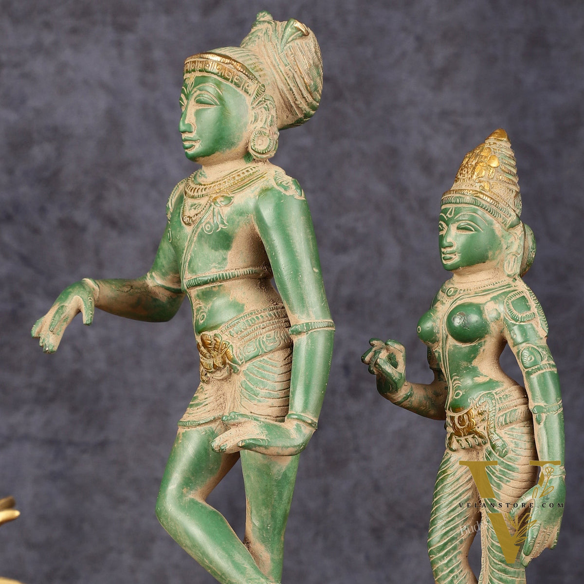 Pure Brass Vrishabhavahanamurti Shiva and Goddess Uma Parvati Statue Pair - Green Antique Patina Finish