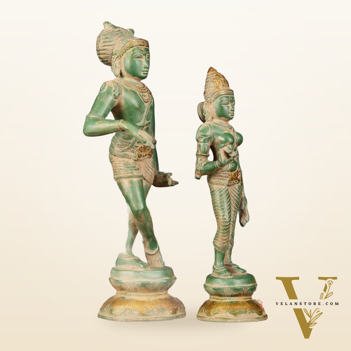 Pure Brass Vrishabhavahanamurti Shiva and Goddess Uma Parvati Statue Pair - Green Antique Patina Finish