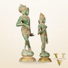 Pure Brass Vrishabhavahanamurti Shiva and Goddess Uma Parvati Statue Pair - Green Antique Patina Finish