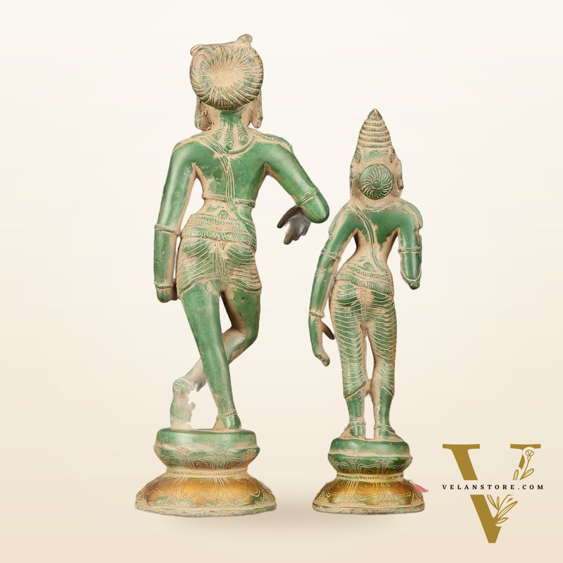 Pure Brass Vrishabhavahanamurti Shiva and Goddess Uma Parvati Statue Pair - Green Antique Patina Finish