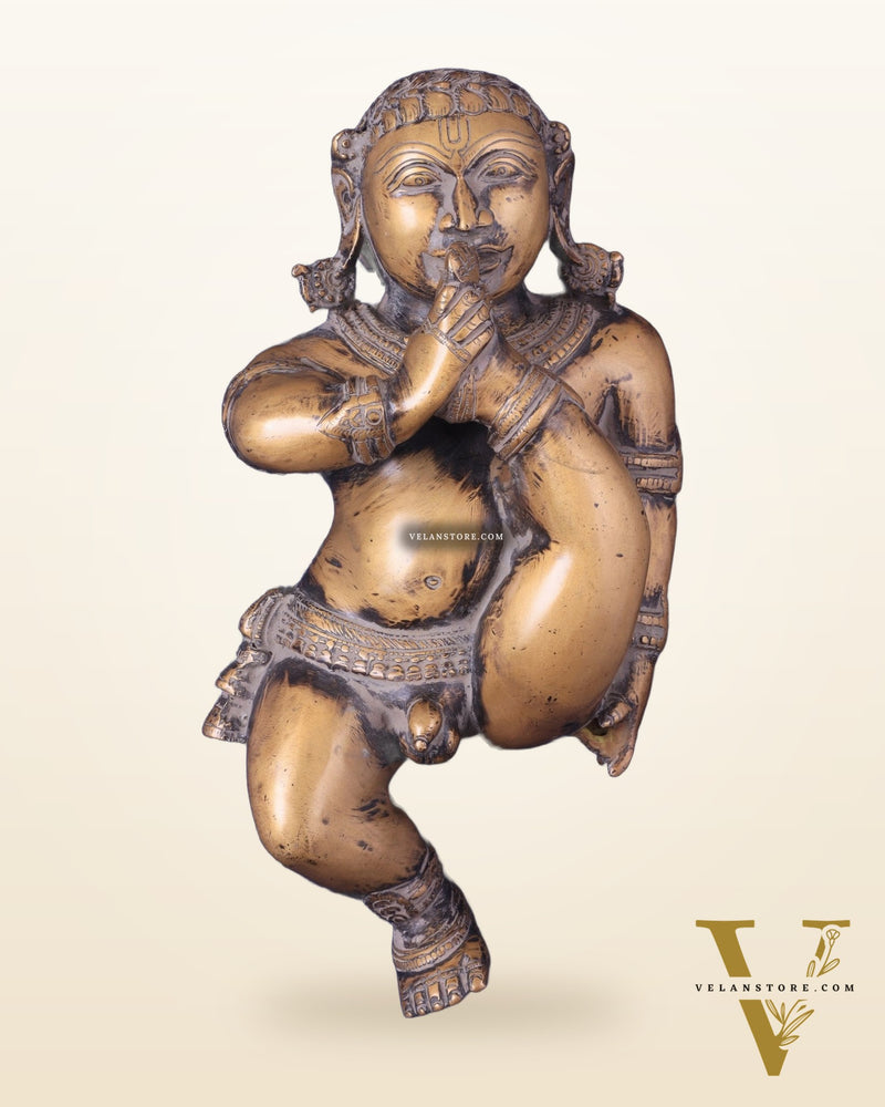 Pure Brass Wall Hanging Baby Krishna Statue - Antique Rustic Finish