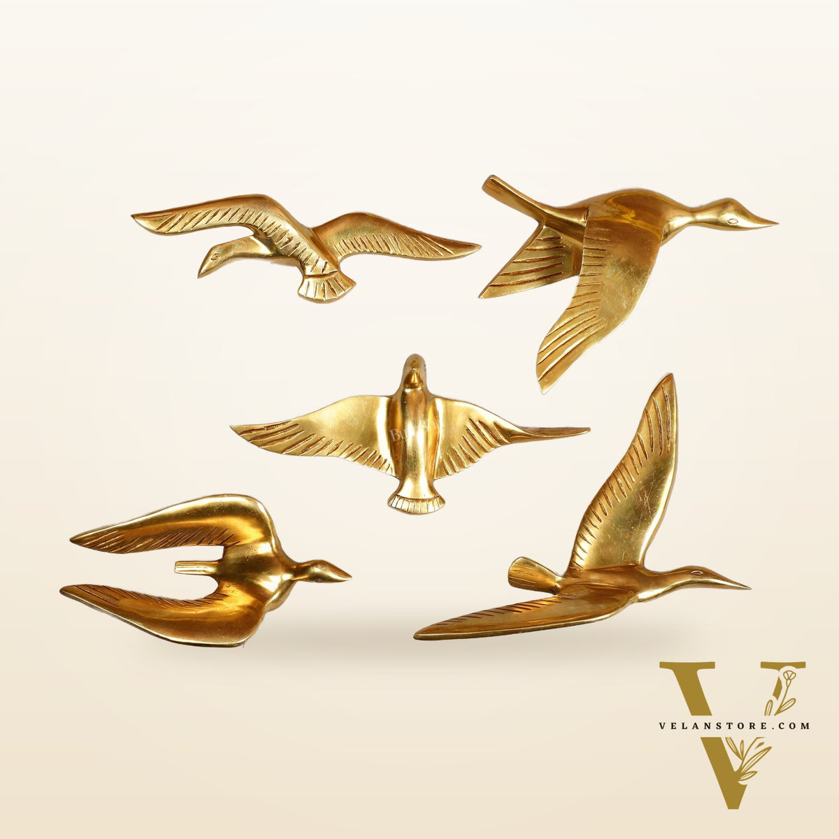 Pure Brass Wall Hanging Birds – Set of 5