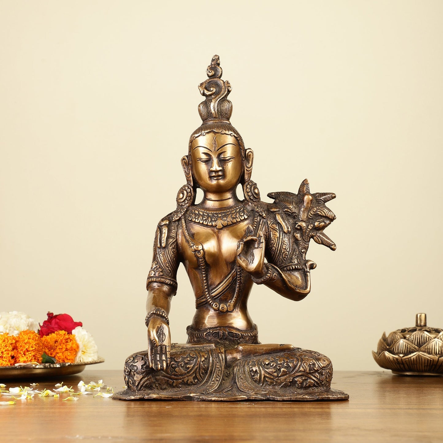 Pure Brass White Tara Devi Idol  10.5"