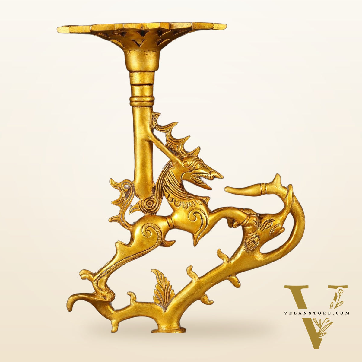 Pure Brass Yali Candle Holder 9"